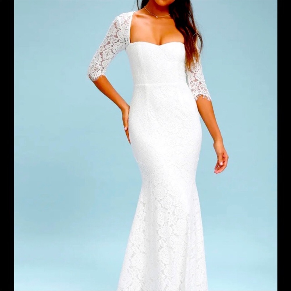 NWT Lulu’s Belinda White Lace Maxi Dress Mermaid silhouette wedding Dress